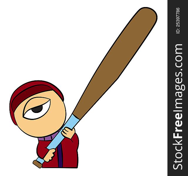 Illustration of a cartoon baseball player holding a large baseball bat. Illustration of a cartoon baseball player holding a large baseball bat