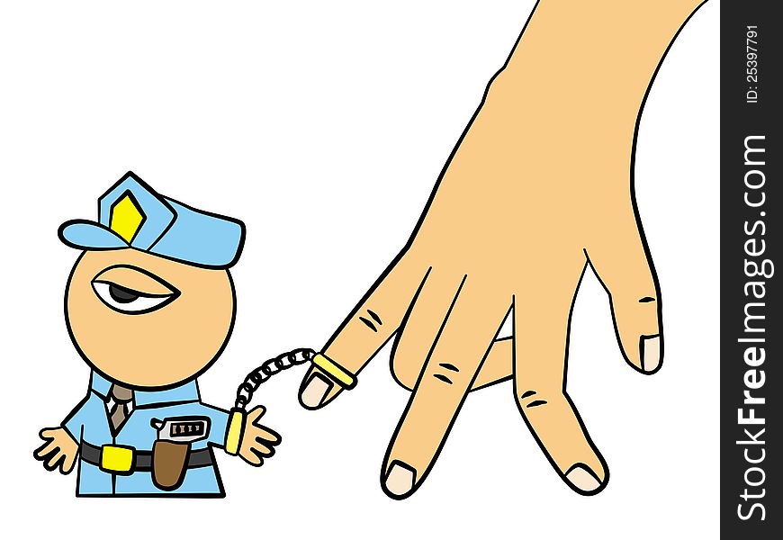 A humorous cartoon illustration of a policeman caught a giant hand. A humorous cartoon illustration of a policeman caught a giant hand