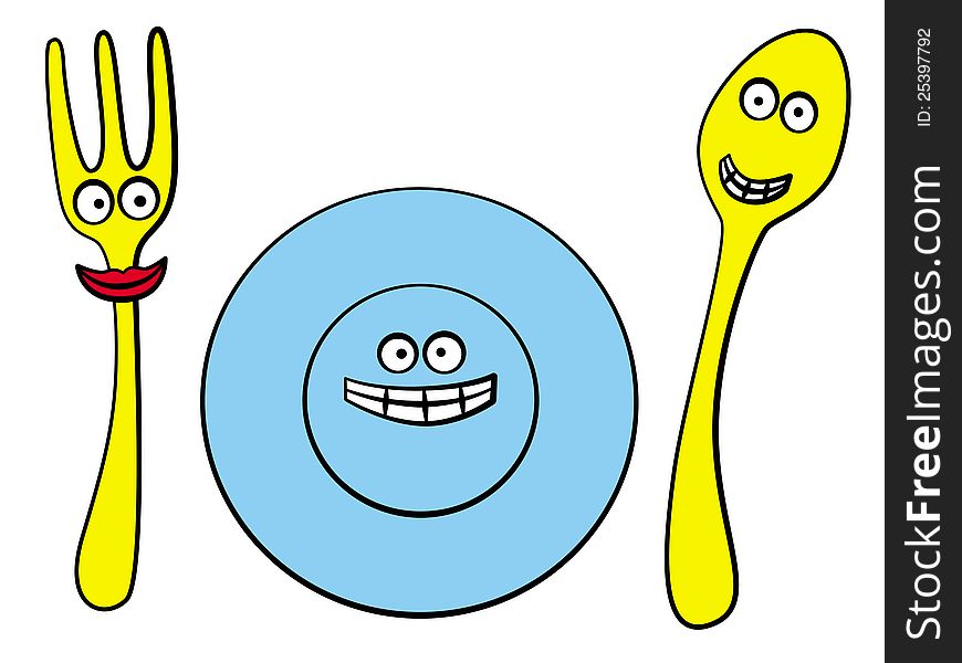 A funny looking group made up of spoon, fork, and plate. A funny looking group made up of spoon, fork, and plate