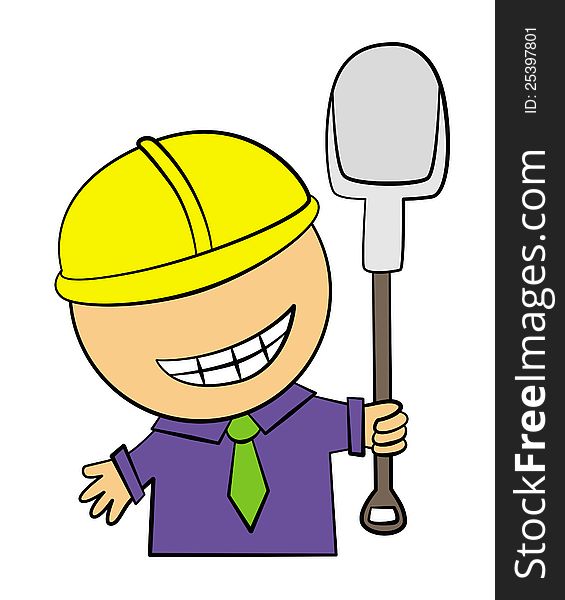 A smiling business man wearing a hard hat and holding a shovel. A smiling business man wearing a hard hat and holding a shovel