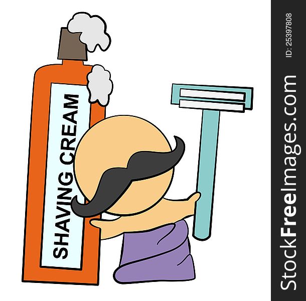 A cartoon character with moustache holding a razor and shaving cream. A cartoon character with moustache holding a razor and shaving cream