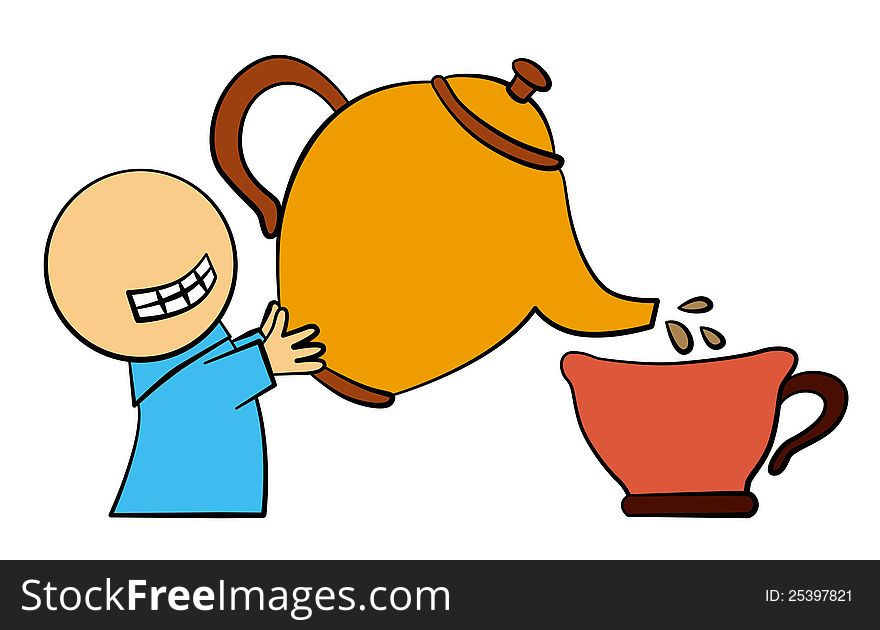 A cartoon character holding a large tea pot and filling a large tea cup with tea. A cartoon character holding a large tea pot and filling a large tea cup with tea