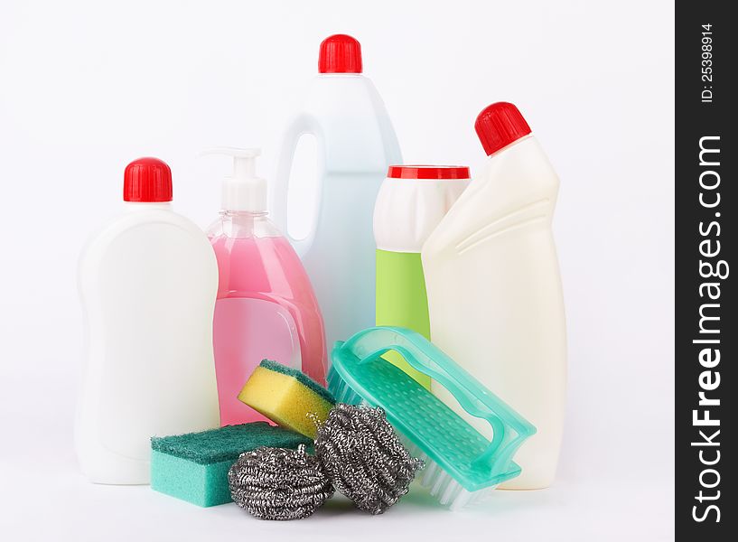 Assortment of means for cleaning on white