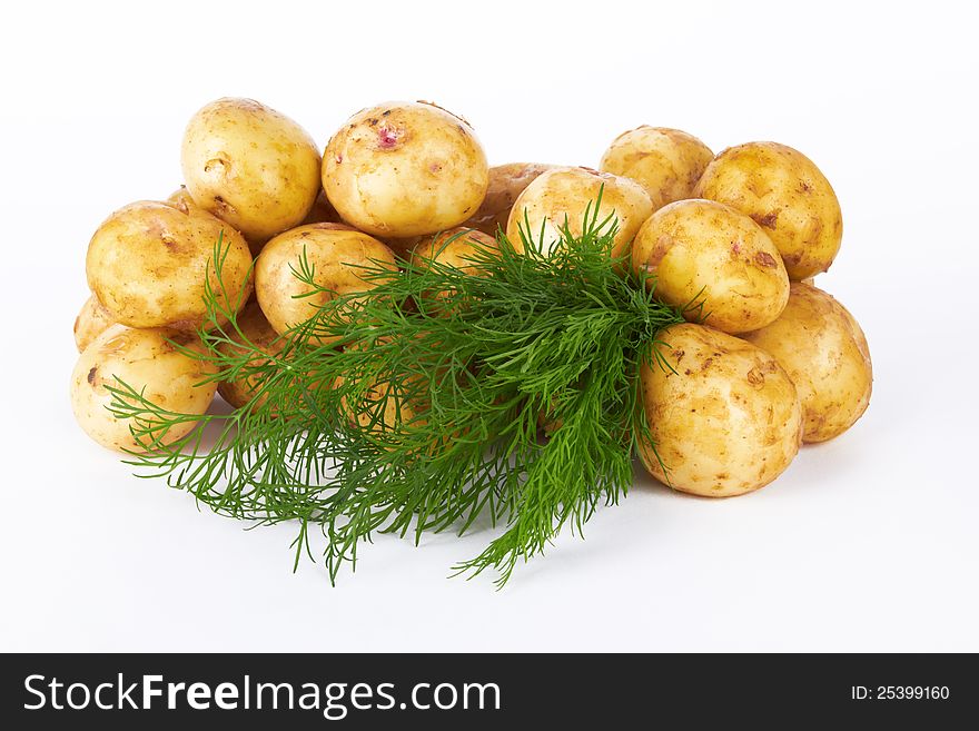 Bunch of potatoes on white background close up shoot