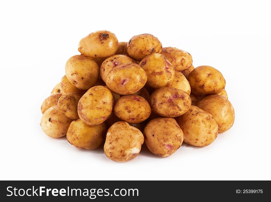 Bunch of potatoes on white background close up shoot