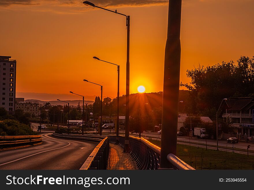 Beautiful Sunset or Sunshine on Pitesti Bridge