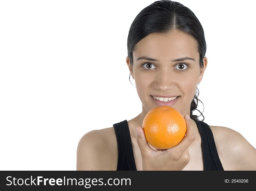 Isolated smiling girl holding orange. Isolated smiling girl holding orange