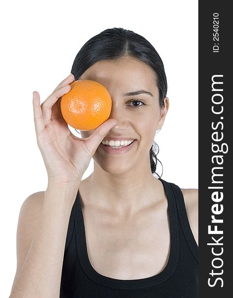 Isolated smiling girl holding orange. Isolated smiling girl holding orange