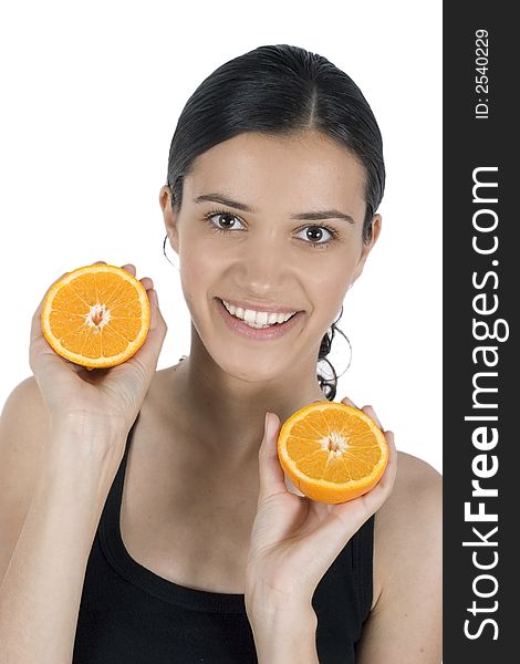 Isolated smiling girl holding orange. Isolated smiling girl holding orange