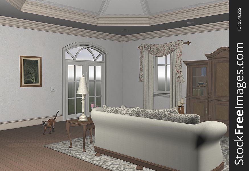 Interior image of a graciously decorated great room.  3D models, computer generated image. Interior image of a graciously decorated great room.  3D models, computer generated image.