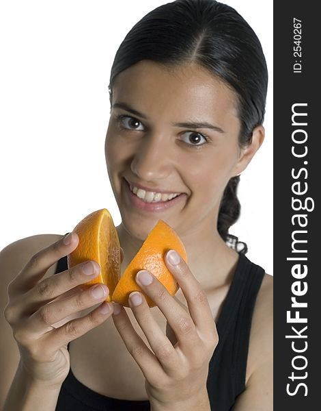 Isolated smiling girl holding orange. Isolated smiling girl holding orange