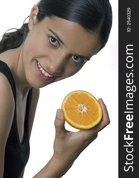 Isolated smiling girl holding orange. Isolated smiling girl holding orange