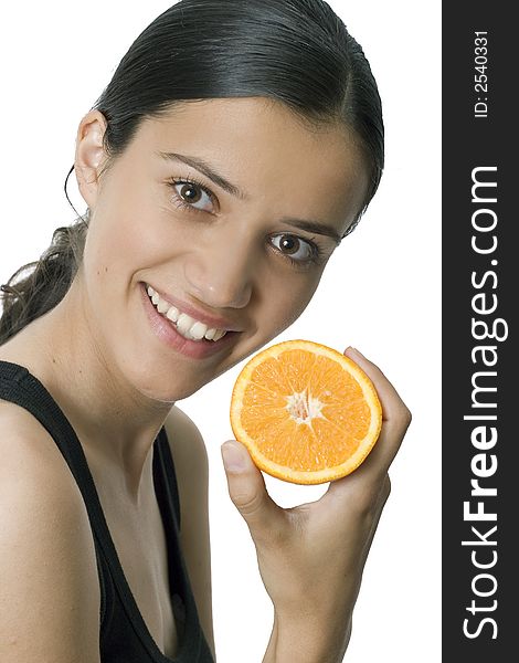 Isolated smiling girl holding orange. Isolated smiling girl holding orange