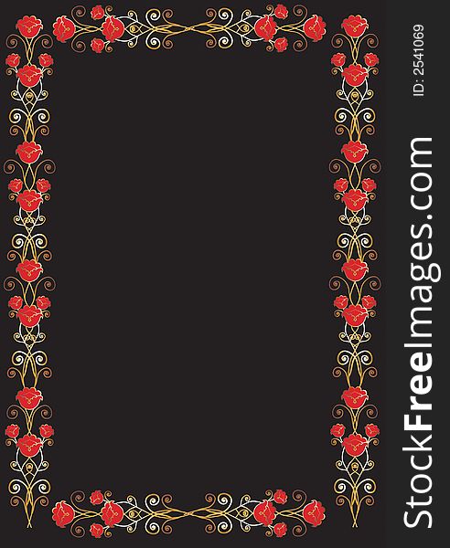 Red and golden floral frame with lots of curls against black background. Red and golden floral frame with lots of curls against black background
