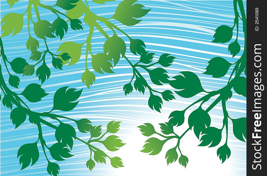 Green branches with lots of leaves against blue wavy background. Green branches with lots of leaves against blue wavy background