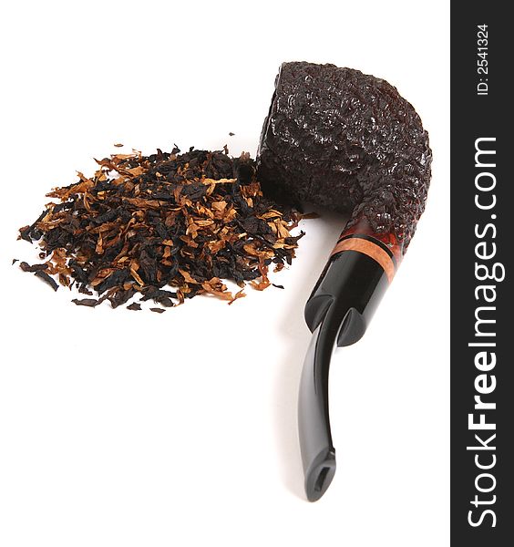 Pipe and tobacco on white background