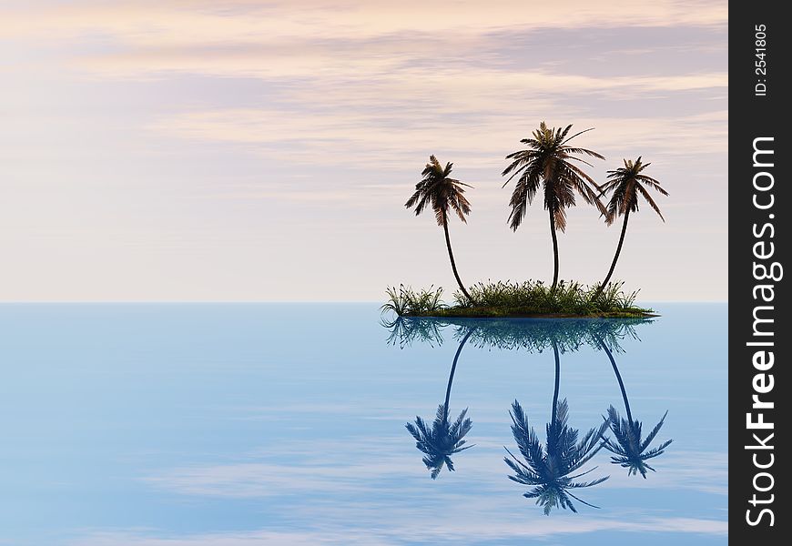 Sunset coconut palm trees on small island - 3d illustration.