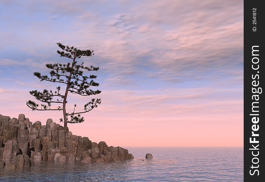 Lonely pine at sea coast - 3d illustration. Lonely pine at sea coast - 3d illustration.