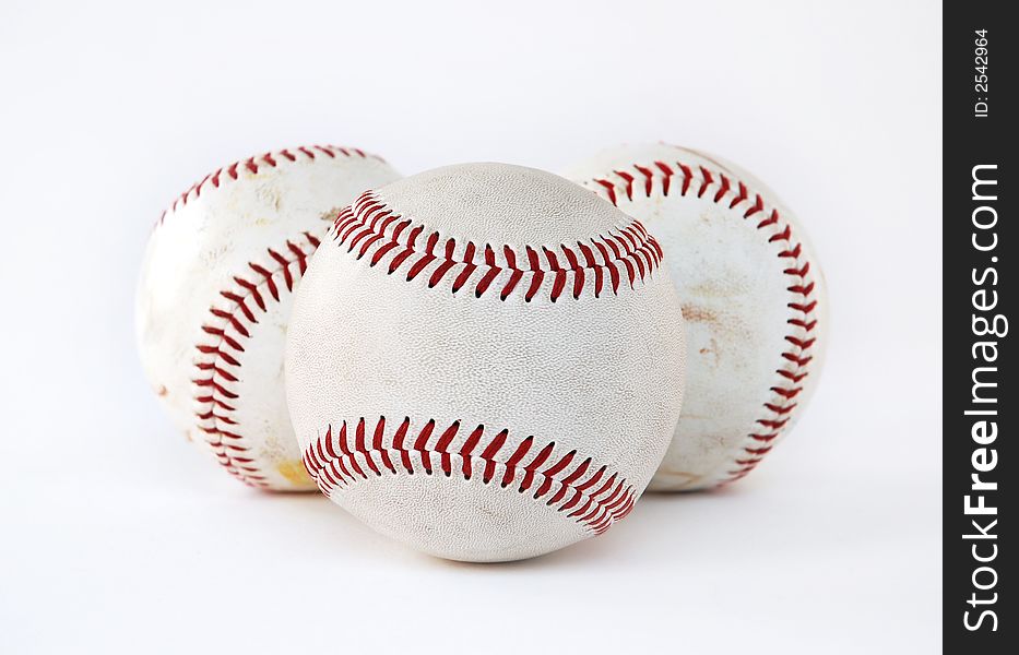 Close up of three baseballs isolated on white