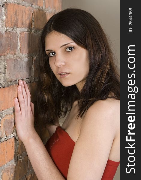Beautiful young brunette woman standing in front of a brick wall wearing a red top. Beautiful young brunette woman standing in front of a brick wall wearing a red top.