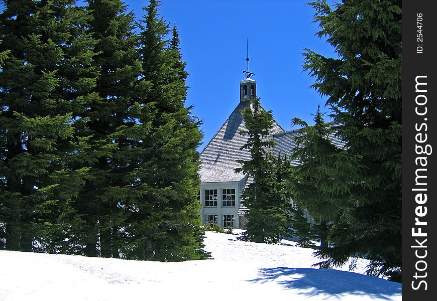 Springtime view of Timberline Lodge on Mt. Hood, Oregon, still in the snow