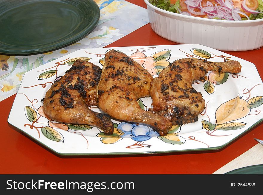 Barbecue chicken leg and healthy salad. Barbecue chicken leg and healthy salad