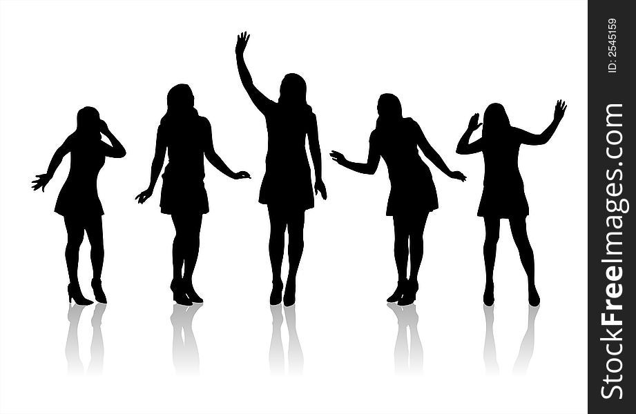 Five fashionable female silhouettes on a white background. Five fashionable female silhouettes on a white background.