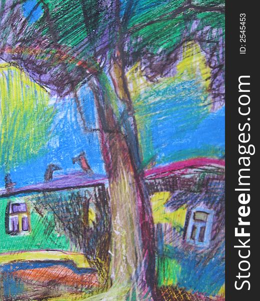 Tree against a background of sky and houses (canvas, pastel)