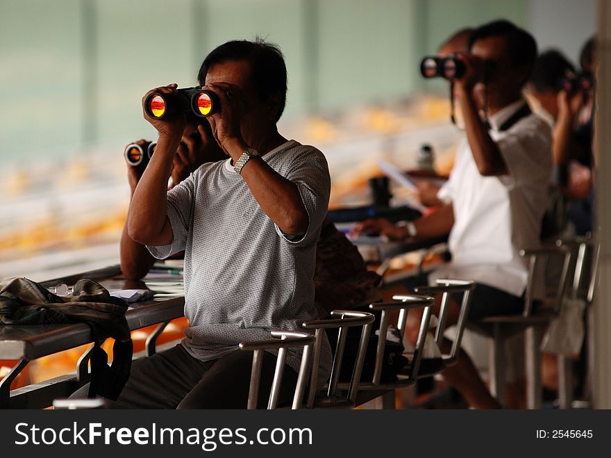 People using binocular looking for the horse