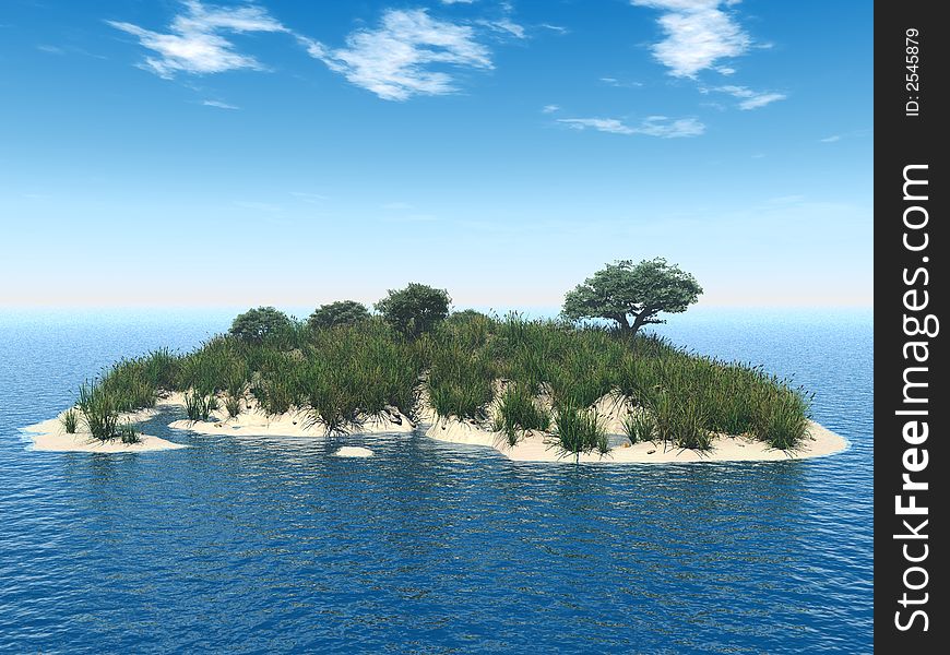Green trees on small lake island - 3d illustration