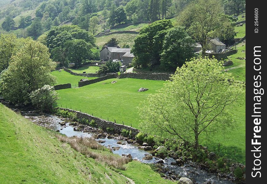 Sadgill village and stream at the head of Longsleddale, Cumbria, UK