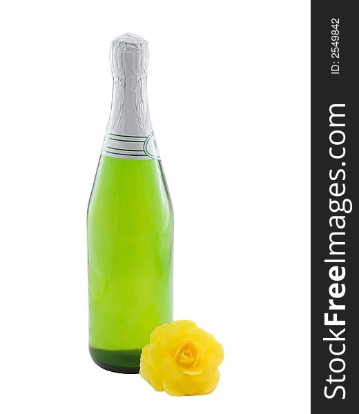 Bottle of wine and flower isolated on white
