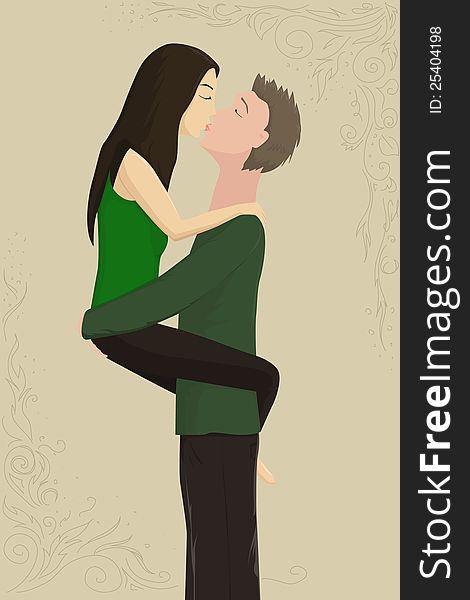 Vector illustration couple ardently kisses with pattern on backdrop