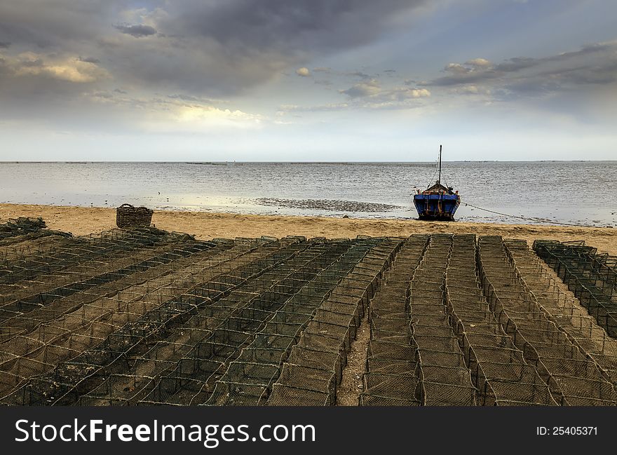 A fisherman's nets were being dried on the beacg. A fisherman's nets were being dried on the beacg.