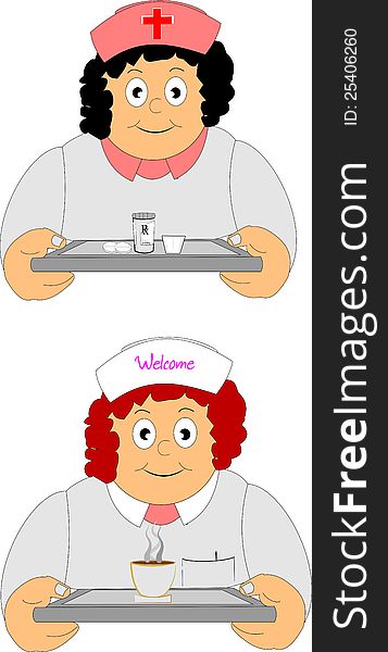 Nurse and waitress clipart with work utensils in hands. Nurse and waitress clipart with work utensils in hands