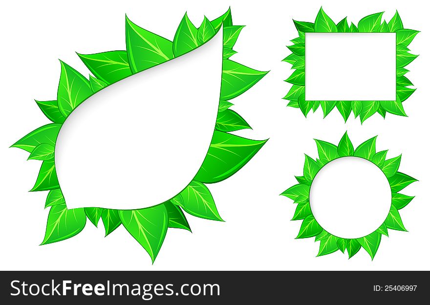 Fresh green leaves border on white, vector illustration