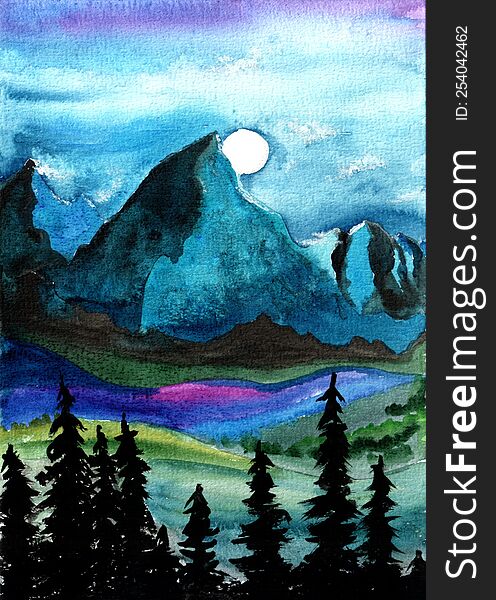 Watercolor Night In The Mountains. Traditional Art Landscape