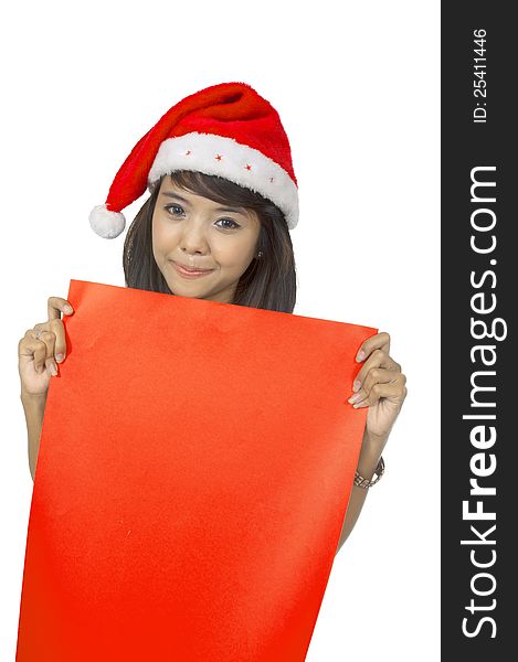 Woman wearing santa hat holding banner isolated over white background. You can put your message here. Woman wearing santa hat holding banner isolated over white background. You can put your message here.