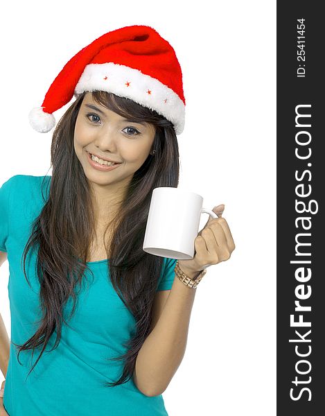 Santa woman drinking coffee isolated over white background