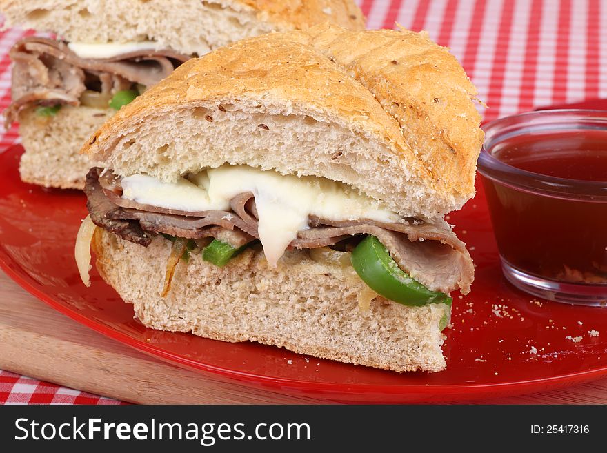 Closeup of roast beef and cheese sandwich. Closeup of roast beef and cheese sandwich