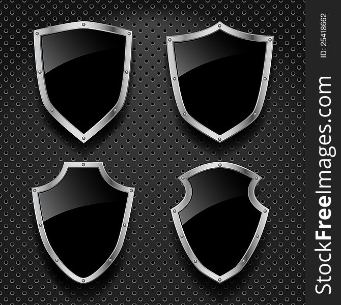 Vector set of black shields on metallic background