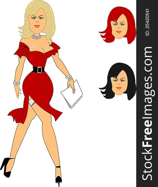 secretary in red dress with interchangeable hair colors. secretary in red dress with interchangeable hair colors