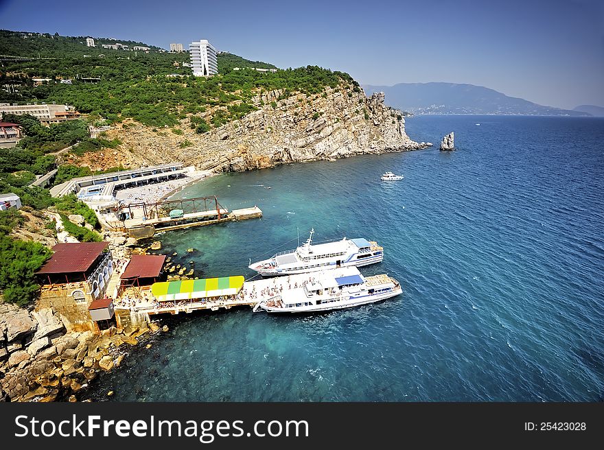 Rock and hotel sail in Yalta. Crimea, Ukraine.