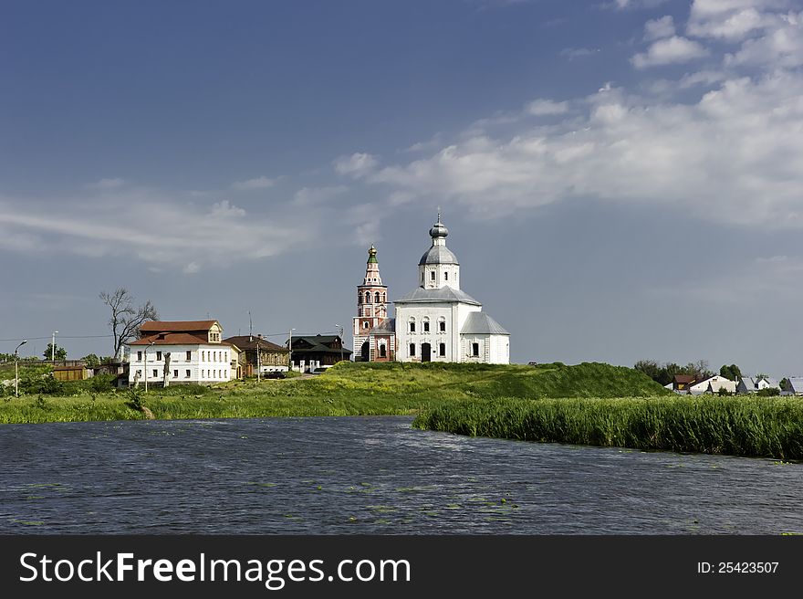 White Russian church near the river. Suzdal. Russia.