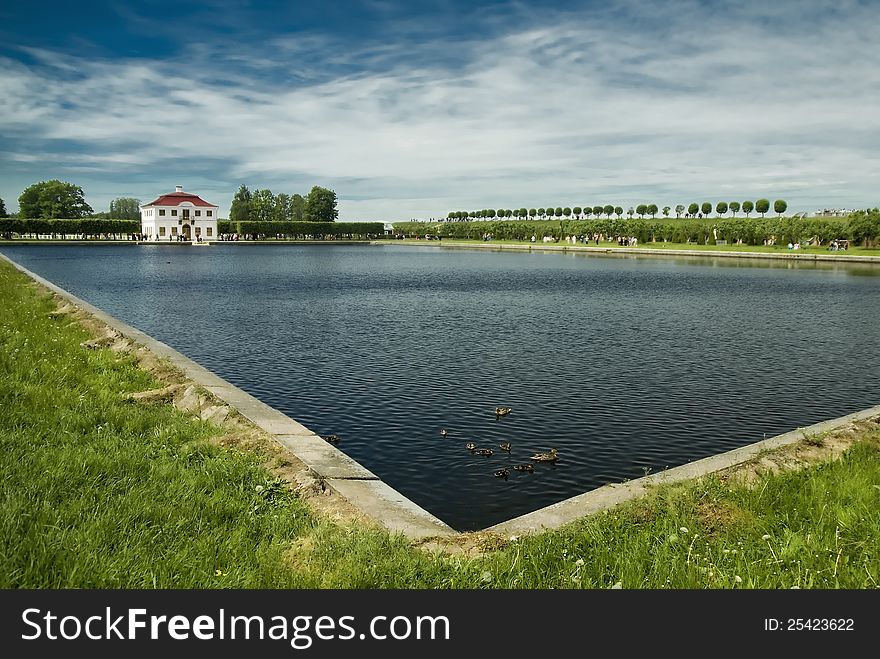 Pond in the old manor house. Peterhof.