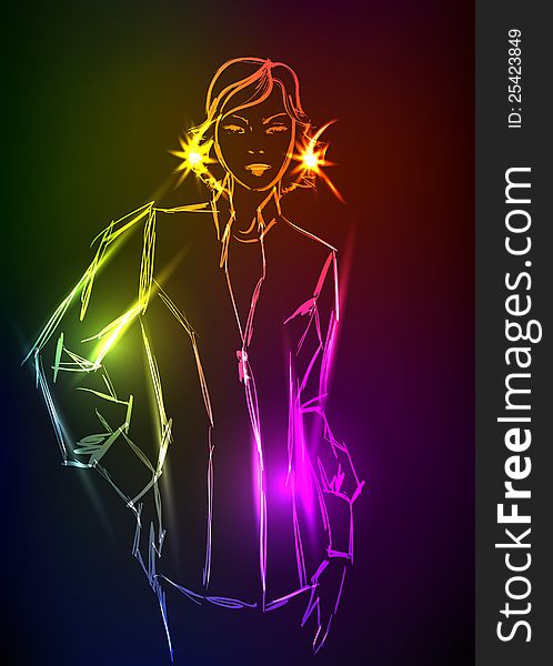 Hand-drawn fashion model from a neon. A light girl's. Hand-drawn fashion model from a neon. A light girl's