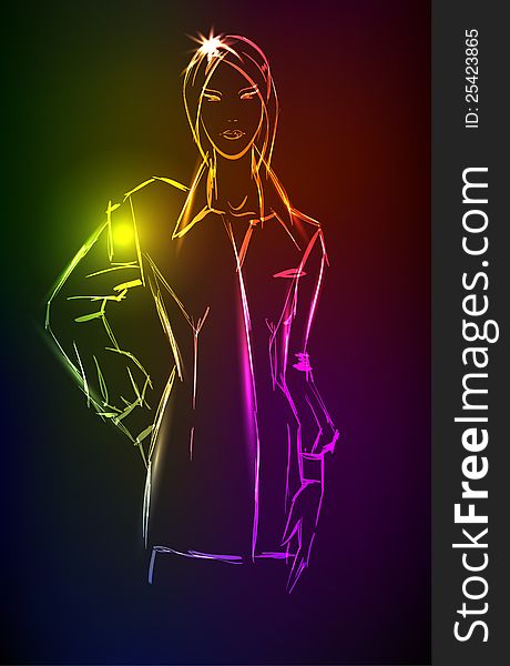 Hand-drawn fashion model from a neon. A light girl's. Hand-drawn fashion model from a neon. A light girl's