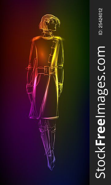 Hand-drawn fashion model from a neon. A light girl's. Hand-drawn fashion model from a neon. A light girl's