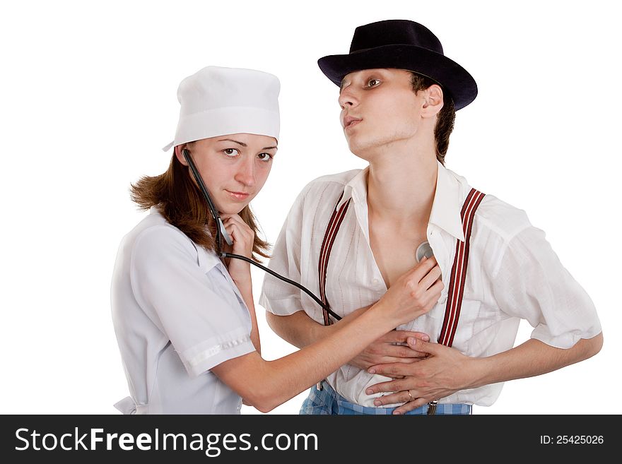 Doctor examining a patient with a stethoscope - isolated over a white background. Doctor examining a patient with a stethoscope - isolated over a white background