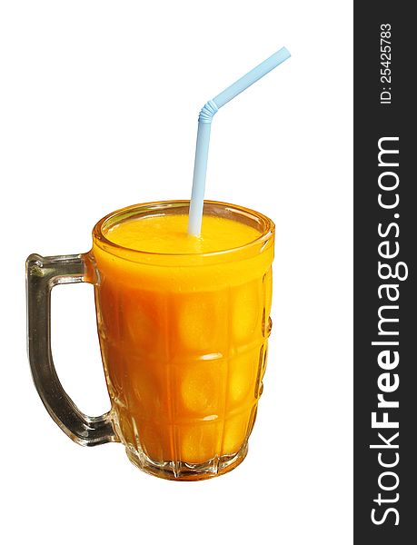 Delicious tropical mango juice on white background